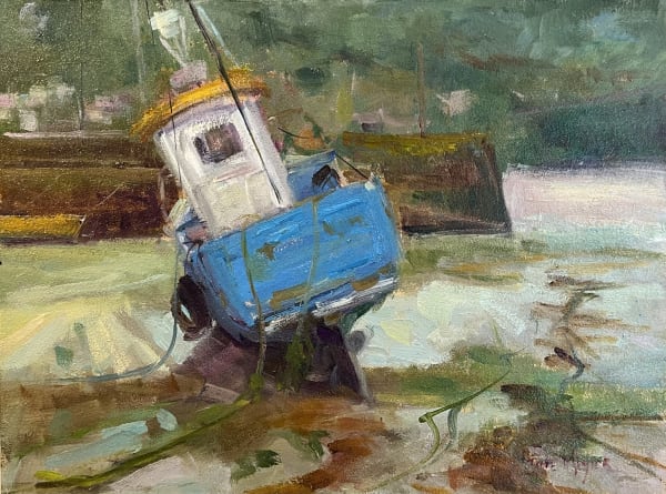a blue fishing trawler, old boat, resting up at the pier in Ballyhack while the tide is out. painted on a grey over cast day on location