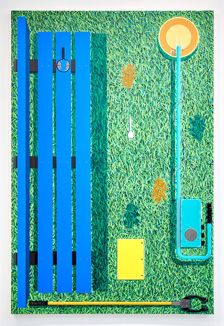 Shawn Powell, Park Bench, Metal Detector, Grabber, Notebook, Magnifying Glass, Spork, and Leaves, 2022, acrylic on canvas, 75 x 50 inches.