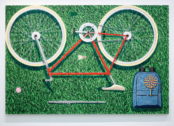 Shawn Powell, Bike, Backpack, Partial Denture, Flute, and Shuttlecock, 2022, acrylic on canvas, 50 x 75 inches.