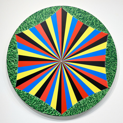 Shawn Powell, Parasol (red, yellow, blue, black) 2022, acrylic on shaped canvas, 40 x 40 inches.