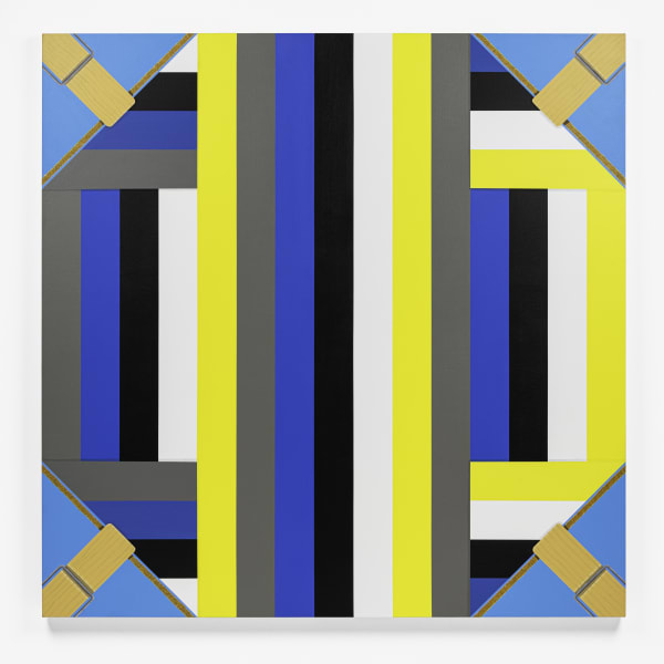 Shawn Powell, “Gray, Blue, Black, White, and Yellow Stripes on a Blue Background,” 2024