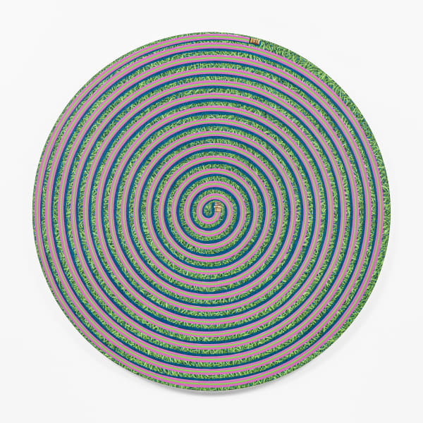 Shawn Powell, Pink Spiral on a Green Background, 2024, acrylic on canvas, 60 x 60 inches