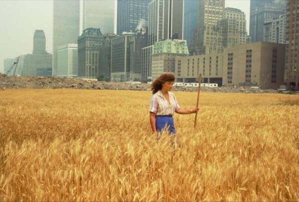 Agnes Denes, Wheatfield - A Confrontation. Two acres of wheat planted and harvested by the artist on the Battery Park Landfill, Manhattan, Summer 1982. Commissioned by Public Art Fund. Photo by John McGrall. Courtesy the artist.