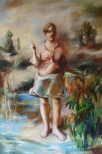 Bénédicte Peyrat Wodurch fließt das Blut? (From where does the blood flow?), 2001 Oil On Linen 77h x 51w in (195.58h x 129.54w cm)