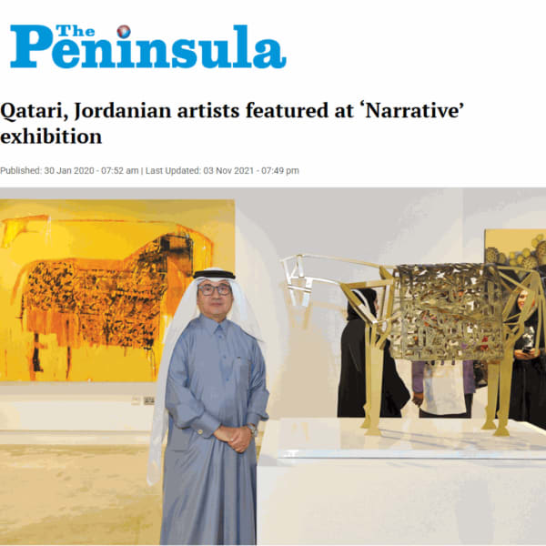 Celebrated Qatari artist Ali Hassan with two of his works at the opening of ‘Narrative’ Exhibition at Al Markhiya Gallery at the Fire Station on Tuesday. Pic: Salim Matramkot/The Peninsula