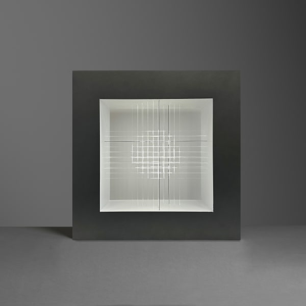 Pablo Armesto | Lenticular expansion I , 2024 DMF, optical fiber, tinted aluminium wire and LED 45 x 45 x 15 cm | Maison D'Art Gallery