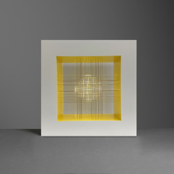Pablo Armesto | Yellow Reticular Sphere, 2024 DMF, optical fiber, tinted aluminium wire and LED 45 x 45 x 15 cm | Maison D'Art Gallery