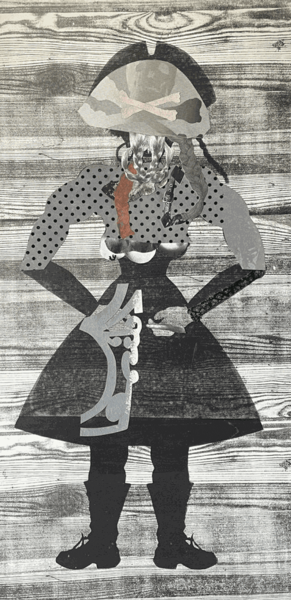 SALLY SMART PIRATE GIRL #8,2006 Pintura polimerica sintetica sobre lienzo sobre elementos en collage 181 x 91 cm