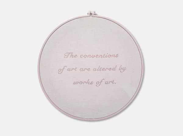 Alex McQuilkin Conventions of Art, 2023 Birdseye fabric, thread, dye, aluminum, and enamel 24 inch diameter