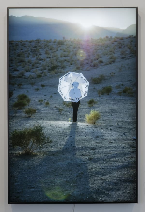 Mary Kelly We don't want to set the world on fire, 2019 Duratrans print in LED light box 67.875 x 45.375 x 2.75 in