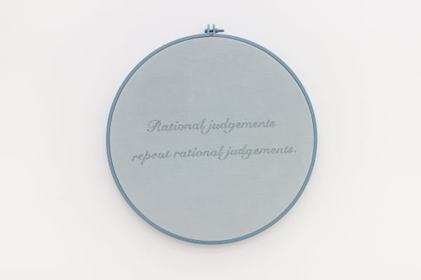 Alex McQuilkin Rational Judgements, 2022 Birdseye fabric, thread, dye, aluminum, and enamel 24 inch diameter