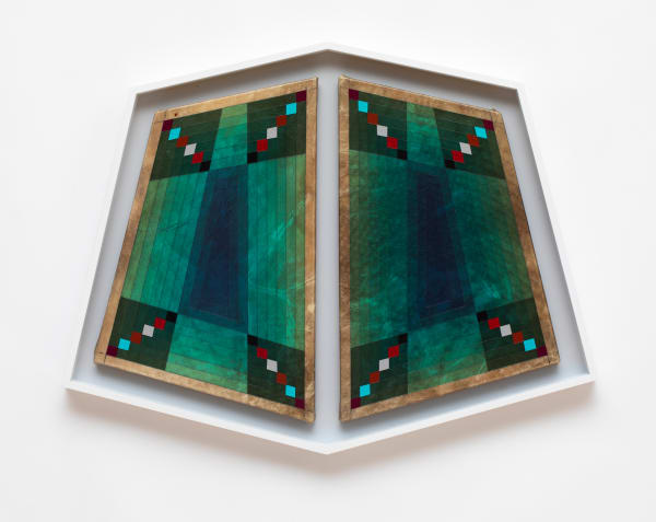 Jeffrey Gibson Pleasure Principle, 2017 Acrylic and graphite on rawhide over wood panel 2" wide