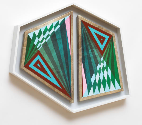 Jeffrey Gibson Kiss Off Acrylic and graphite on rawhide over wood panel 2" Wide