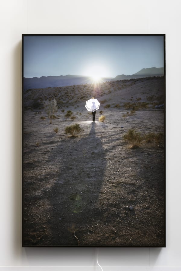 Mary Kelly Peace is the only shelter, 2019 Duratrans print in LED light box 67.875 x 45.375 x 2.75 in