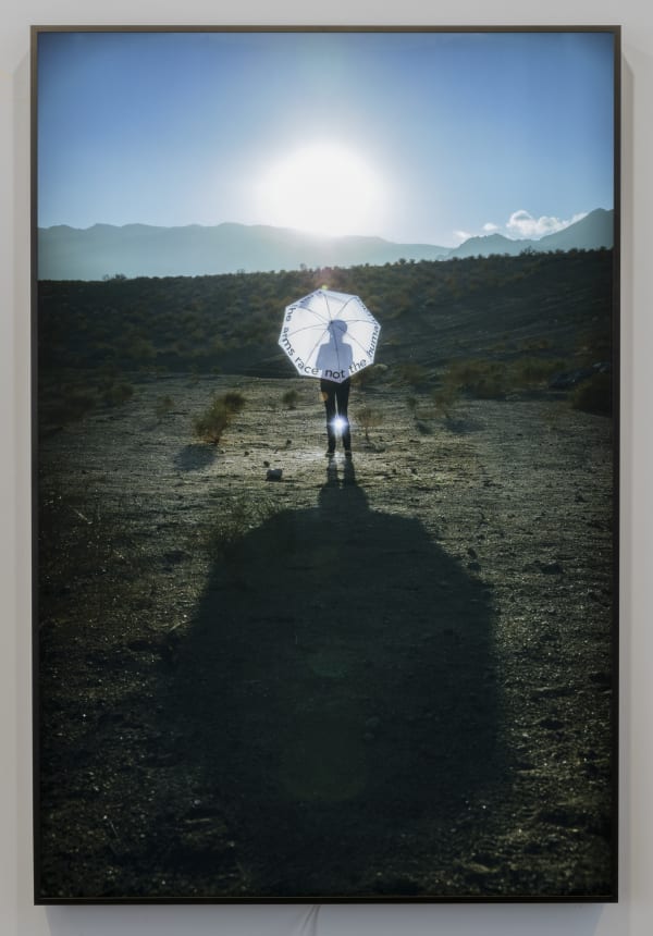 Mary Kelly End the arms race not the human race, 2019 Duratrans print in LED light box 67.875 x 45.375 x 2.75 in