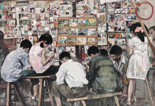 Hung Liu, “Street Library,” 2013. Oil on canvas, wood shelf and Chinese picture story books. (John Janca)
