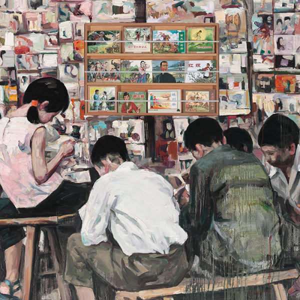 Hung Liu, Street Library, 2013. Oil on canvas, wood shelf, and Chinese picture story books. 60 x 88 inches. Photo credit: Vivian Marie Doering.
