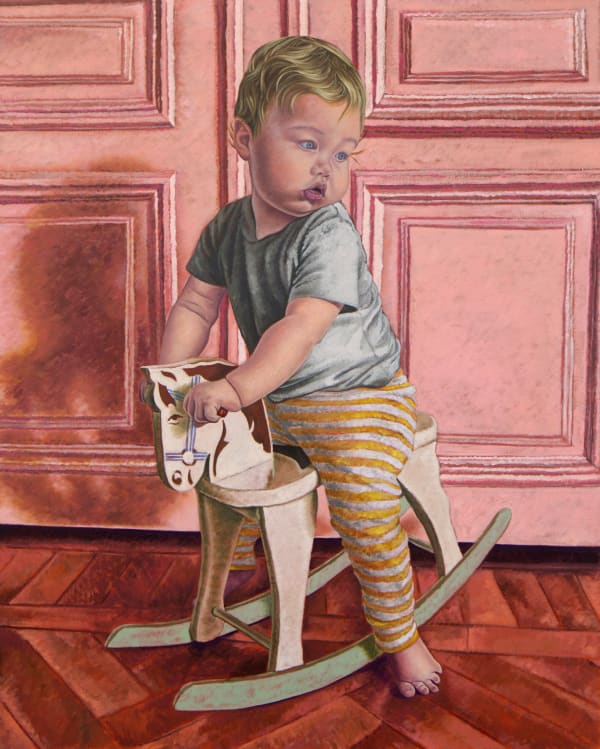 Alexander Skats Isolde with Rocking Horse, 2025 signed and dated 2025 verso Oil on linen 39 2/5 × 31 1/2 in 100 × 80 cm