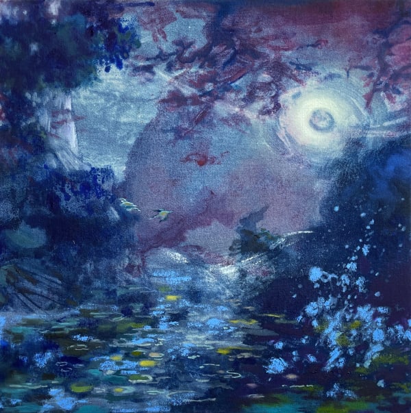 Lauryn (Red) Welch Safe Passage, 2025 Oil and Cyanotype on canvas 16 1/10 × 16 1/10 in | 41 × 41 cm