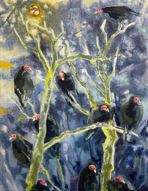 Lauryn (Red) Welch Vultures, 2025 Oil and Cyanotype on canvas 14 1/5 × 11 in | 36 × 28 cm