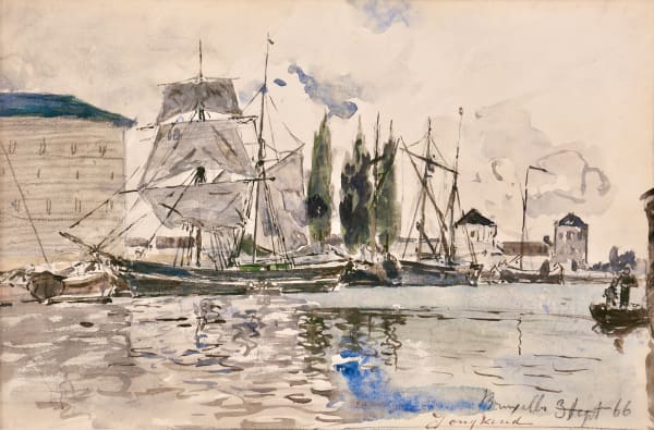 Johan Barthold JONGKIND, Bassin Vergotte à Bruxelles aux voiliers 1866, aquarelle et encre sur papier