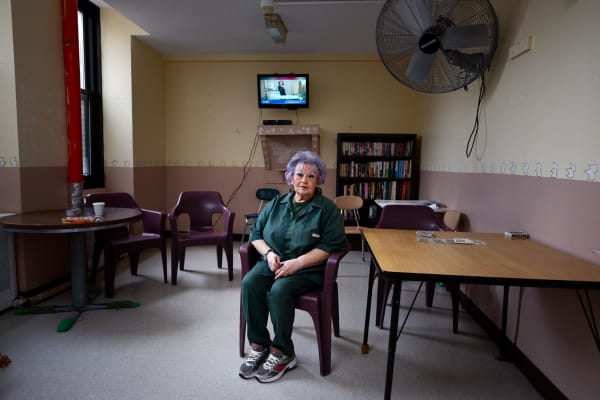 Sara Bennett Linda, 70, in the rec room for the medically unemployeed at Taconic Correctional Facility (2019)