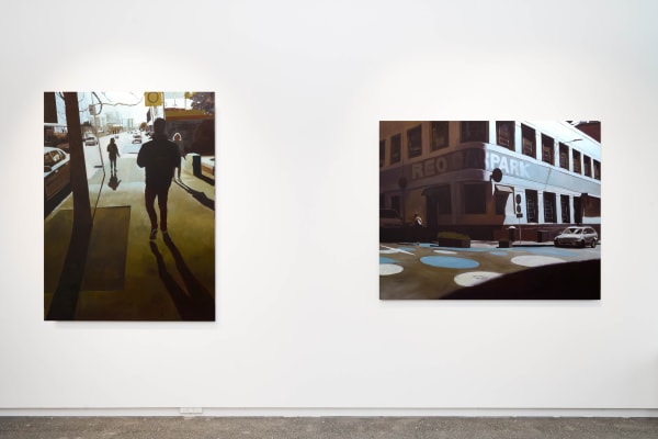 Two Fine Arts Paintings By Artist Matthew Carter Featuring Urban Street Scenes Hanging At Fo Enander Galleries Auckland