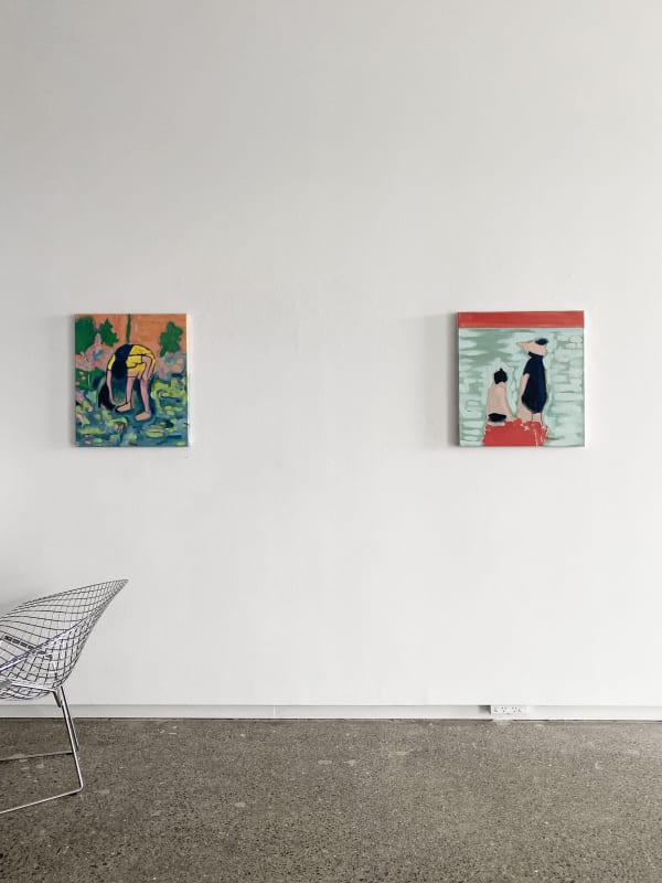2 Contemporary Arts Paintings By Billy Mcqueen Showing Figures On Colourful Abstract Landscapes Hanging At Fo Enander Galleries Auckland