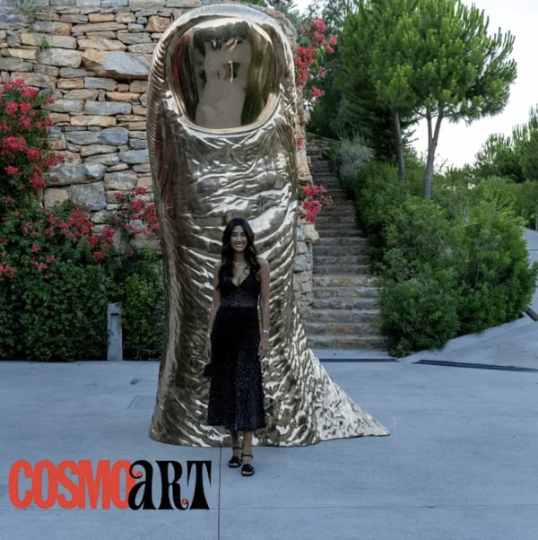 Selcan Atılgan at "I Was Here" exhibition, in front of the work Pouce, 1965 / 1988 Ed. © Courtesy of the Estate and Almine Rech