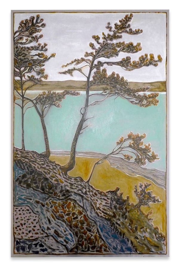 Billy Childish pine trees and lake, 2017 Oil and charcoal on linen 244 x 152.5 cm