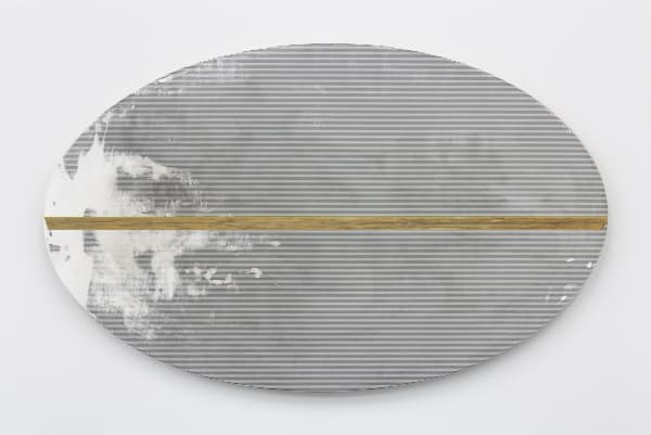 R. H. Quaytman Oval Edge, 2021 Oil, silkscreen ink, and gesso on wood 82.2 x 133 x 2.5 cm