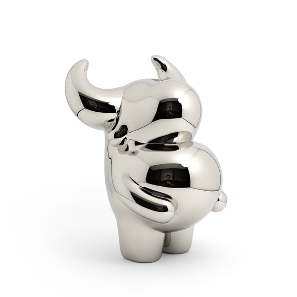 A stainless steel sculpture of an ox