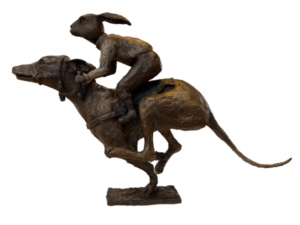 A Day At The Races Rabbit Racing Greyhound Bronze Sculpture by Carol Cauldwell