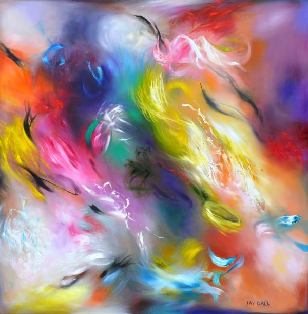 A colorful abstract painting by Tay Dall