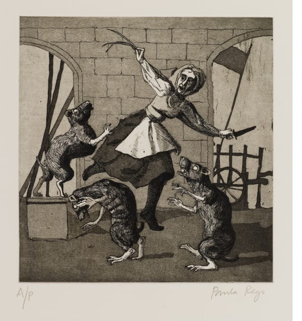 Paula Rego, Three Blind Mice I, 1989. Aquatint and etching