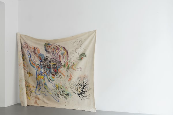 Installation photograph of Karim Boumjimar’s 2025 exhibition Mouths, Vessels, Portals at Alice Folker Gallery, Copenhagen, with wall drawings and ceramic sculptures.