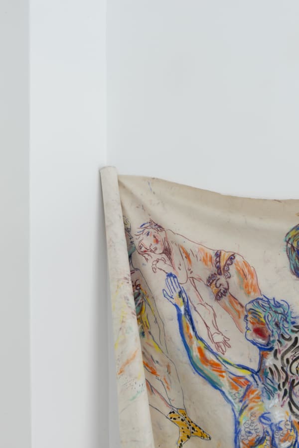 Detail of an installation from Karim Boumjimar’s Mouths, Vessels, Portals (2025), combining chalk drawings on canvas with ceramic forms.