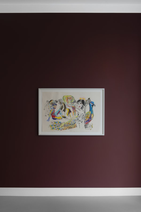 Installation photograph of Karim Boumjimar’s 2025 exhibition Mouths, Vessels, Portals at Alice Folker Gallery, Copenhagen, with wall drawings and ceramic sculptures.