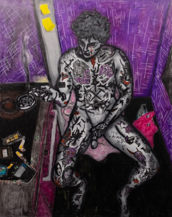 "Wednesday evening. No, Every evening",2025 150x120cm, Airbrush and oilpastel on canvas