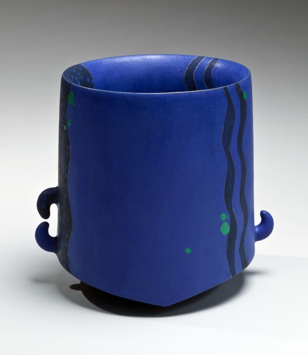 Blue and Green-glazed Flower Vessel with Ears; Blue and black-glazed, columnar vessel with wave patterning, spotted chartreuse accents and three protruding hooks with slanted foot 2015 Glazed stoneware 7 7/8 x 7 3/4 x 6 in. Inv# 9316