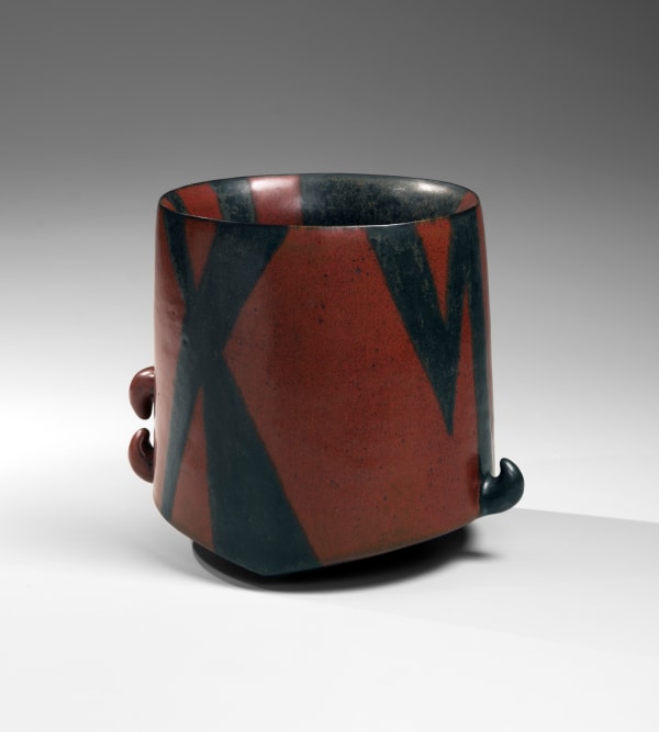 Black Rust Vase; Eared vessel with abstract design in red and blackish-green glazes 1987 Glazed stoneware 7 1/4 x 8 in. Inv# 9832