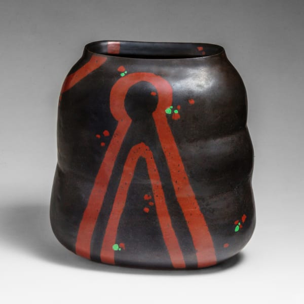 WORK 16-2; triple lobed vessel with linear patterning in red over black with dots of green 2015 Glazed stoneware 11 x 6 5/8 x 10 1/4 in. Inv# 9893