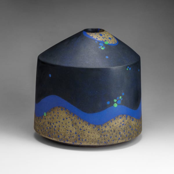 WORK 16-5; Ovoid vase with conical collar, decorated in blue and ochre over black wave patterning with green overglaze 2014 Glazed stoneware 13 x 12 1/2 x 10 7/8 in. Inv# 9896