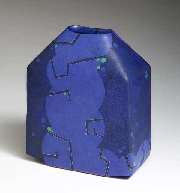 WORK 16-6; Rectangular vase with conical shoulder, decorated in blue on blue key-patterning with green overglaze dots 2016 Glazed stoneware 11 5/8 x 9 5/8 x 5 1/8 in. Inv# 9897