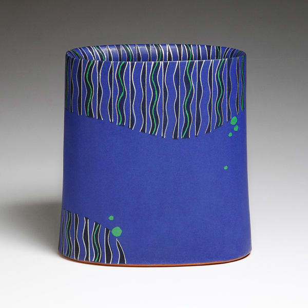 WORK 16-7; Ovoid, flattened blue vase, decorated in linear wave patterning in black, green and silver and green overglaze dots 2016 Glazed stoneware 11 x 10 3/8 x 5 1/2 in. Inv# 9898