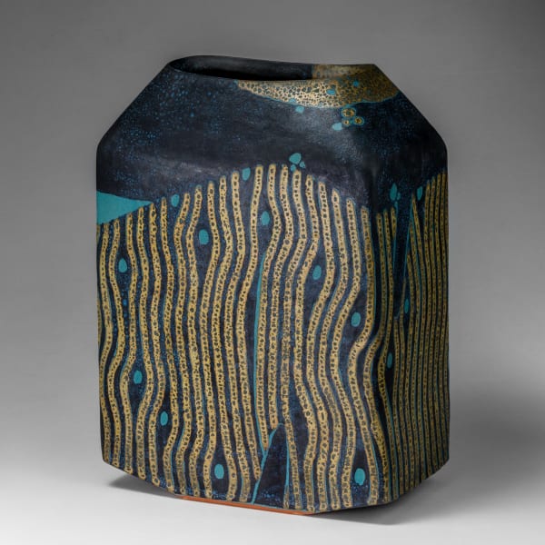 WORK 16-9; Square flattened vessel with slanted shoulder and ovoid mouth, decorated in vertical, undulating linear patterning in gold and turquoise on black. 2014 Glazed stoneware 15 1/4 x 11 1/8 x 5 3/4 in. Inv# 9900