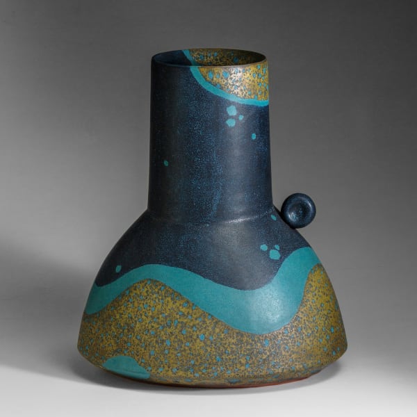 WORK 16-10; Semi-spherical vase with raised columnar neck with undulating band in turquoise over black with gold textured patterning 2015 Glazed stoneware 13 1/4 x 11 1/4 x 9 in. Inv# 9901