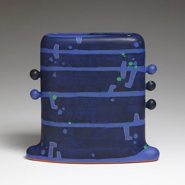 WORK 16-11; Striped flattened square vase with winged base and five spherical ears, decorated in light blue on dark blue bands with green dots 2016 Glazed stoneware 11 1/8 x 11 5/8 x 3 1/4 in. Inv# 9902