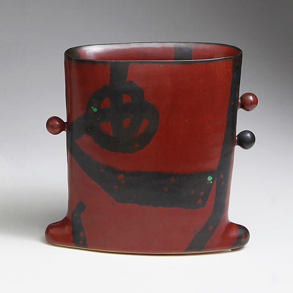 WORK 16-13; Persimmon iron-glazed, rounded square vase with winged base and three spherical ears, decorated in circular and slashed patterning in black on red 2015 Glazed stoneware 8 3/8 x 8 3/4 x 3 1/4 in. Inv# 9904