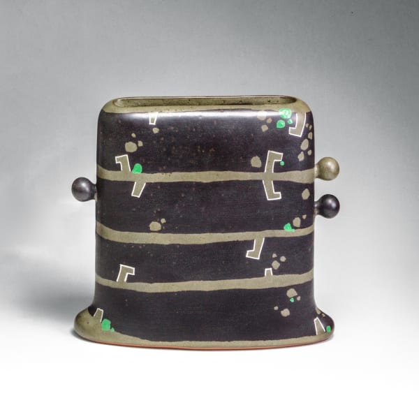 WORK 16-15; Dark iron-oxide-glazed (eggplant purple) vessel with winged base and three spherical ears, decorated with banded patterning in greenish silver and chartreuse dots 2014 Glazed stoneware 8 1/4 x 9 3/8 x 2 1/2 in. Inv# 9906